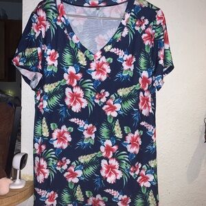 Floral V-Neck Women's Top in Navy with Pink Hibiscus